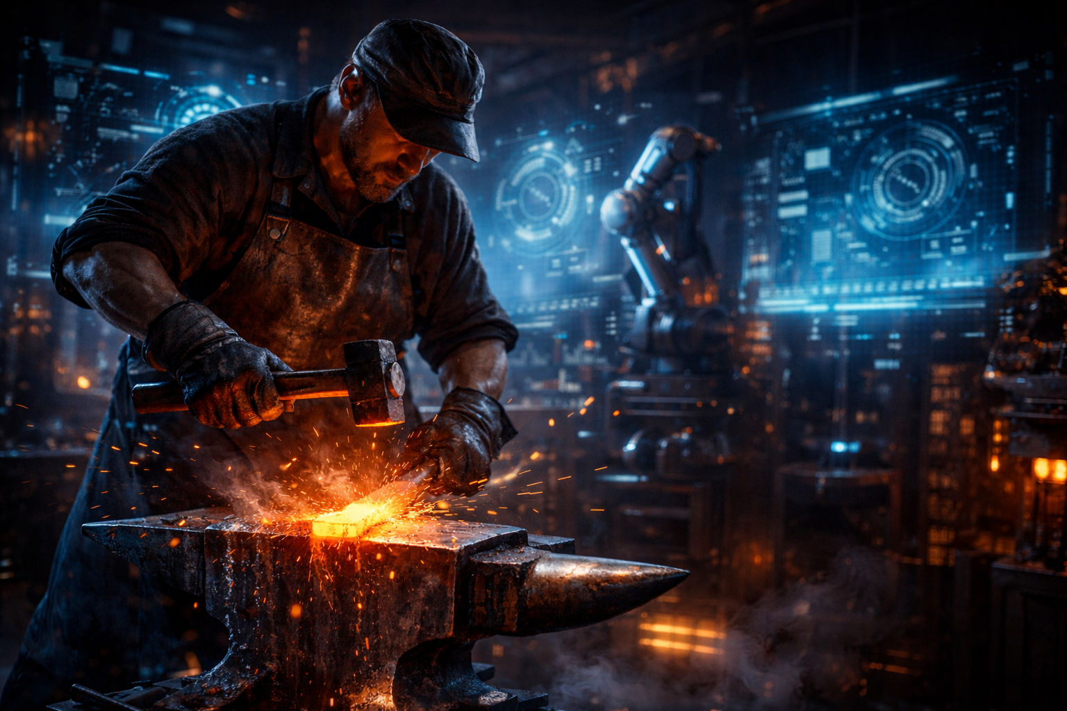 A blacksmith forging metal using a hammer on an anvil in a high-tech workshop with digital interfaces and robotic arms in the background.