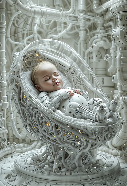 A young girl with closed eyes sleeping in a futuristic, robotic baby cradle surrounded by mechanical pipes and devices.