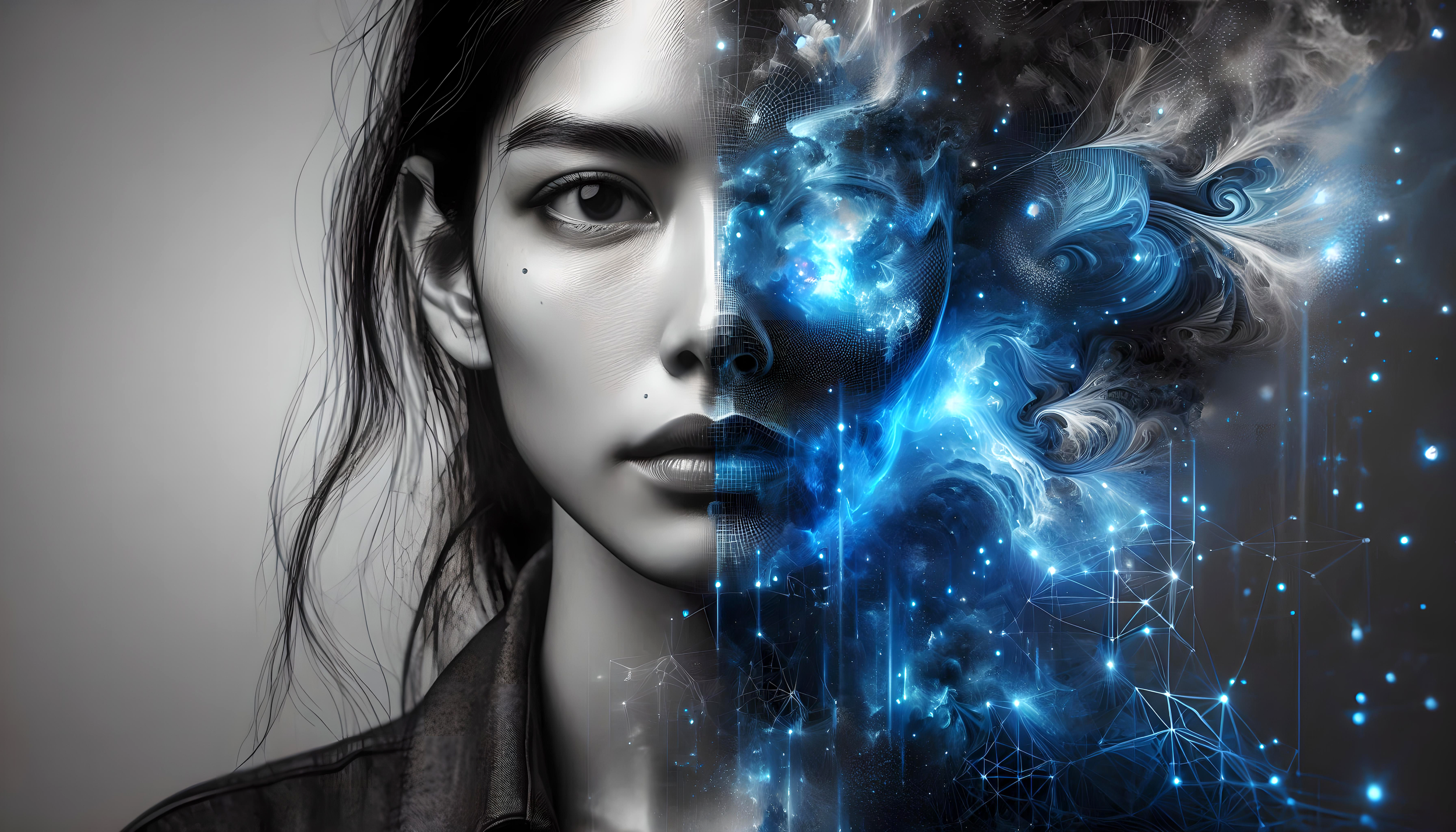 A black and white portrait of a woman with part of her face transforming into a digital, cosmic explosion of blue and white light and patterns.