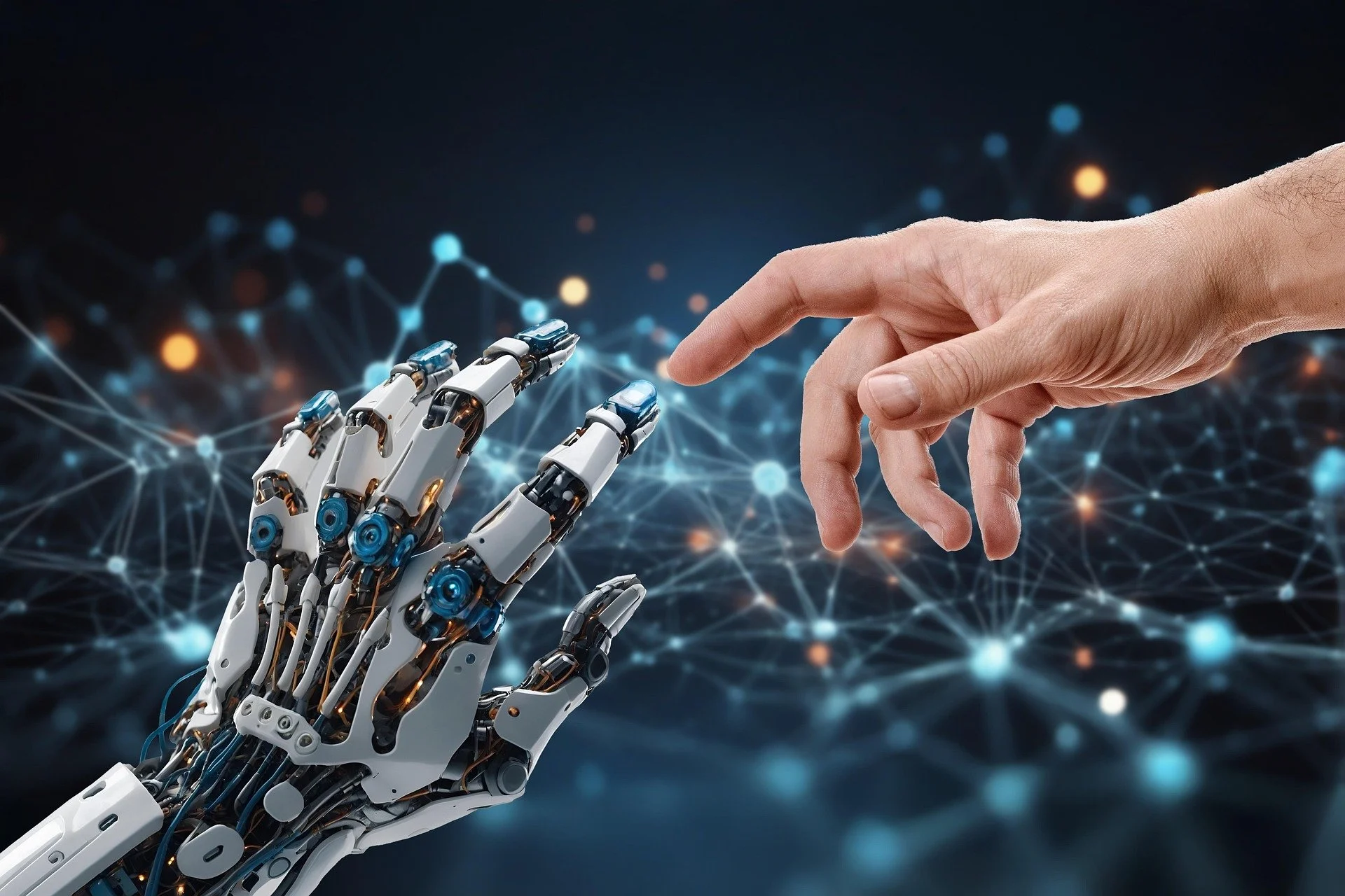 A human hand reaching out to a robotic hand, with a digital network background.