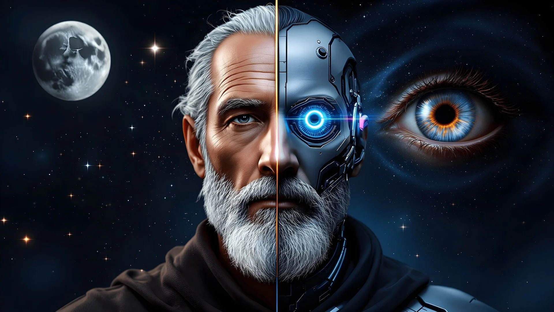 A split image of a human with a robotic half, set against a space background with the moon on the left and a large eye on the right. The human has gray hair and a beard, with blue eyes. The robotic side features a metallic face with a glowing blue eye.