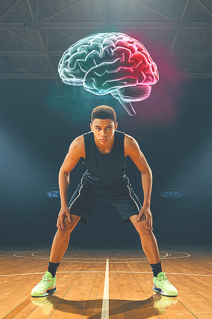 A male basketball player in athletic wear crouches on a basketball court with a digital illustration of a brain floating above his head.