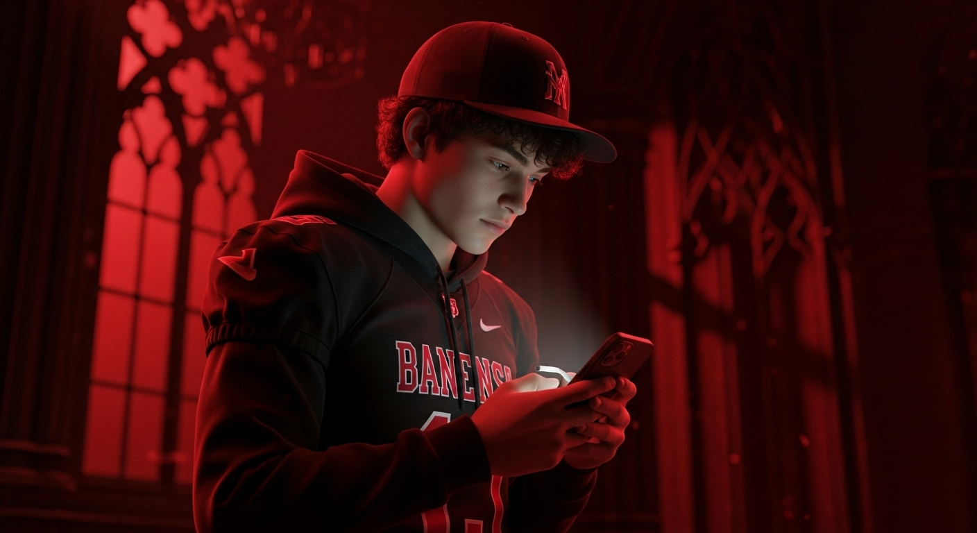 Young man in sports hoodie and cap looking at his phone inside a dimly-lit building with gothic windows, illuminated with red lighting.