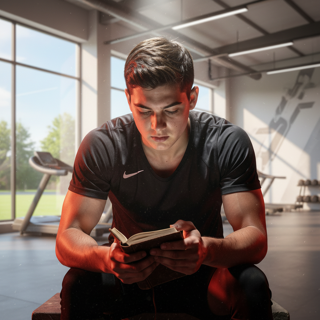 A young man sitting on a bench in a gym reading a book.