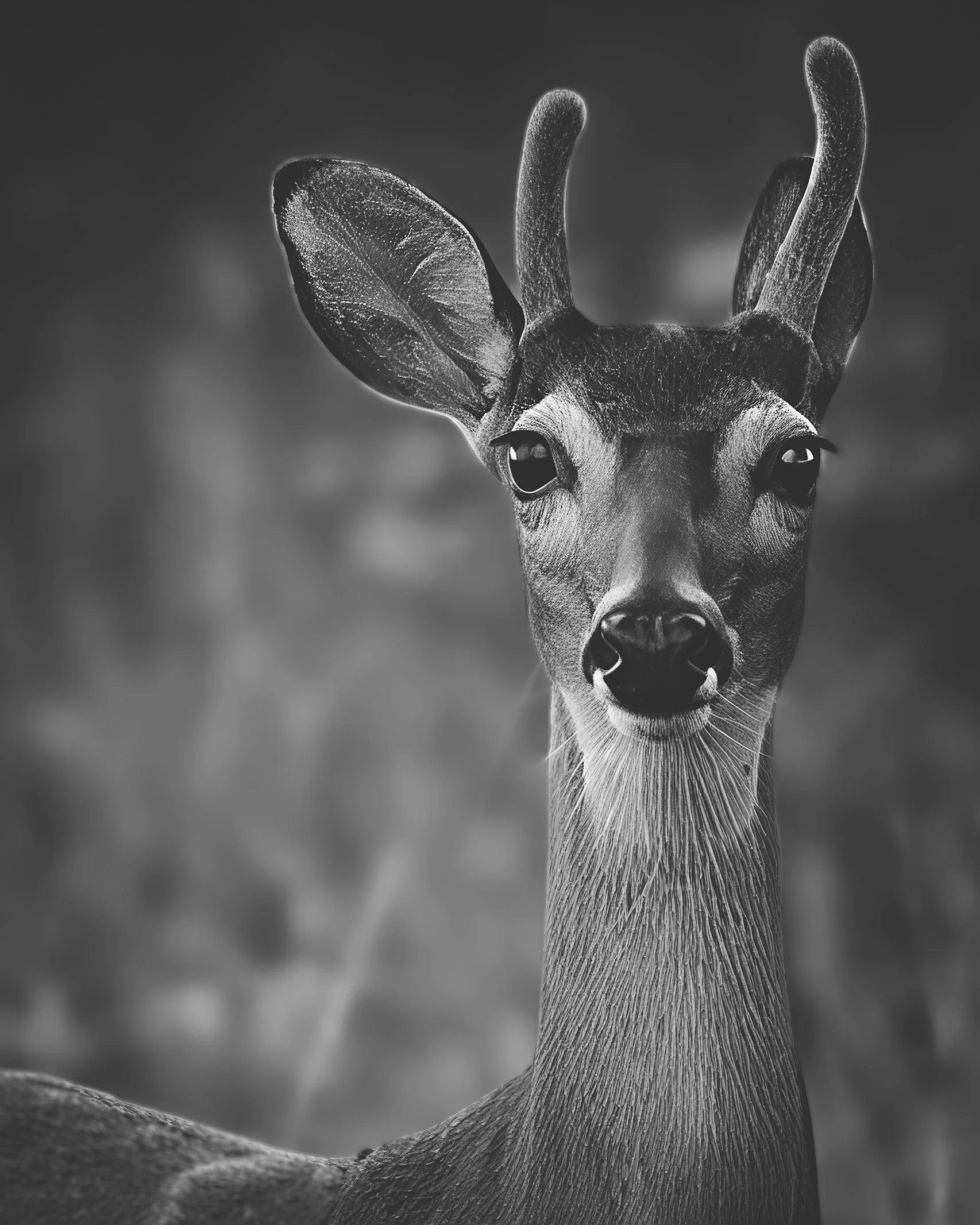Black and white photo of a deer with antlers, large eyes, and a slender neck.