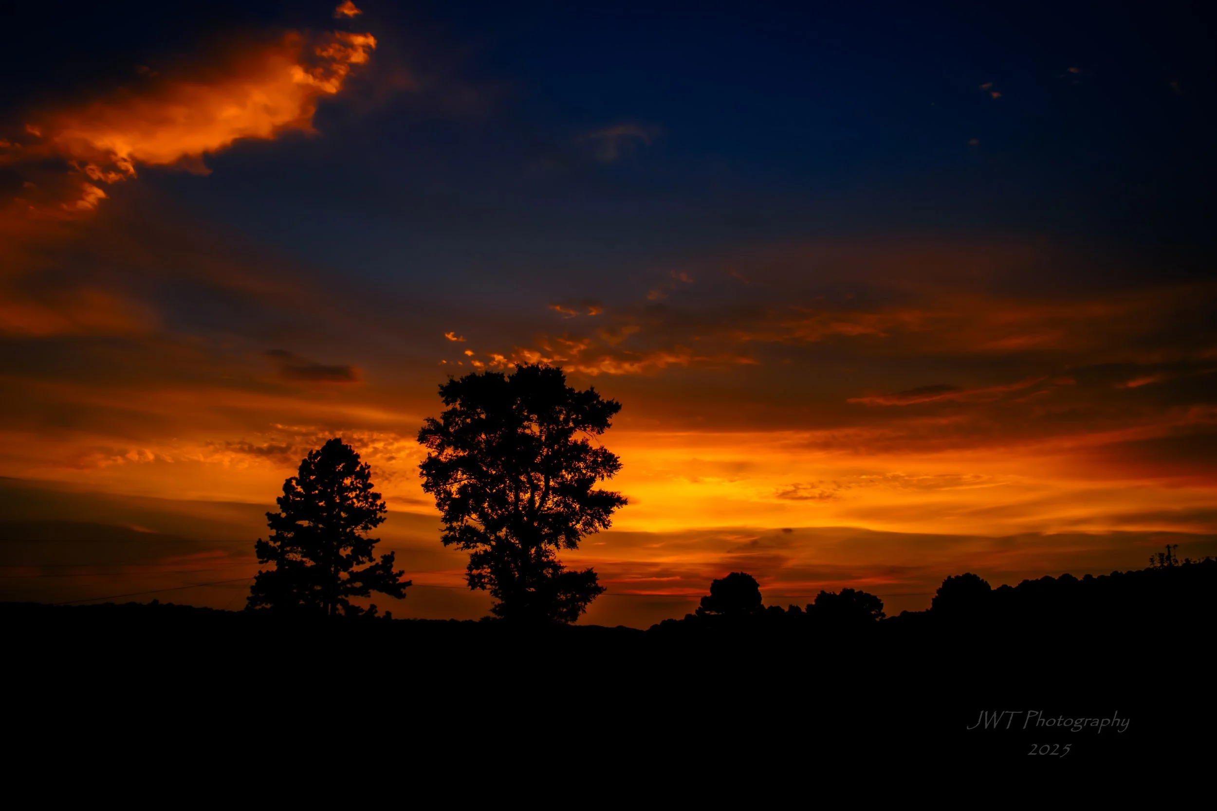 Silhouette of trees against a vibrant sunset with orange, yellow, and dark blue sky.