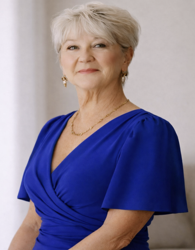 Senior woman with short gray hair smiling, wearing a royal blue dress with a V-neck, gold jewelry, and earrings.