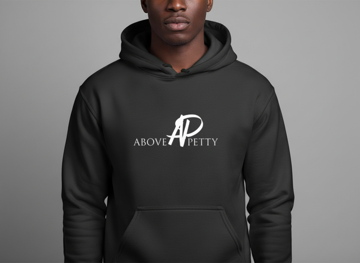 A person wearing a black hoodie with the text 'Above AP Petty' and a stylized 'AP' logo on the front.