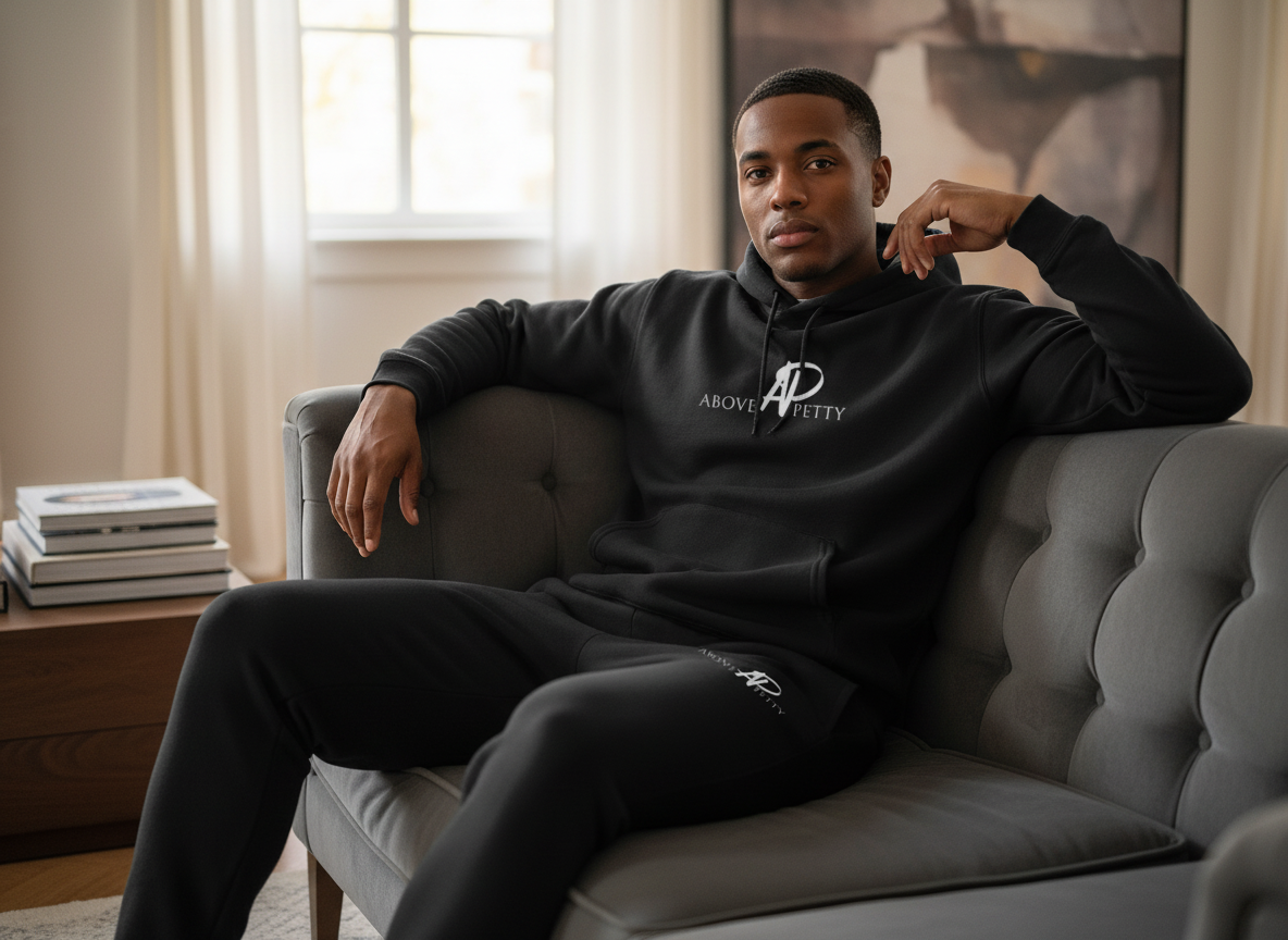 A young man with dark skin sitting on a gray upholstered couch in a well-lit living room, wearing a black hoodie and matching black sweatpants, looking directly at the camera.