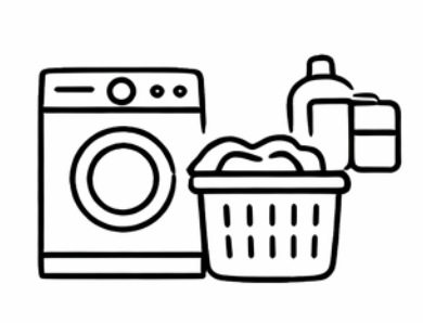 Laundry basket filled with clothes, washing machine, detergent bottles