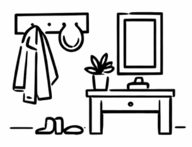 Line drawing of a bathroom with a coat and hanger, a mirror, a plant on a table with a sink, and a pair of shoes and slippers on the floor.