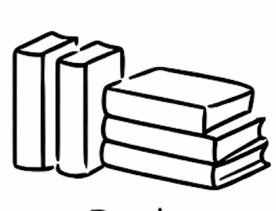 Outline drawing of three standing books and three stacking books