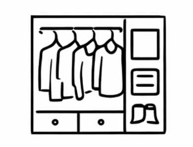 Outline of a wardrobe with hanging clothes and drawers.