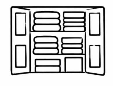 Outline of a bookshelf with three sections filled with books and two empty side panels.
