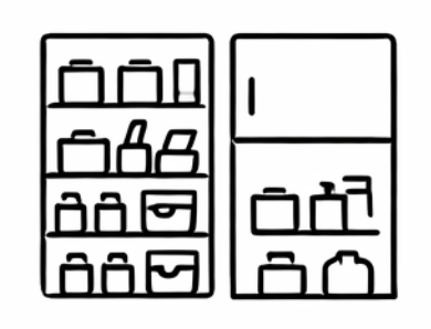 Line drawing of kitchen cabinets with shelves holding containers and boxes.