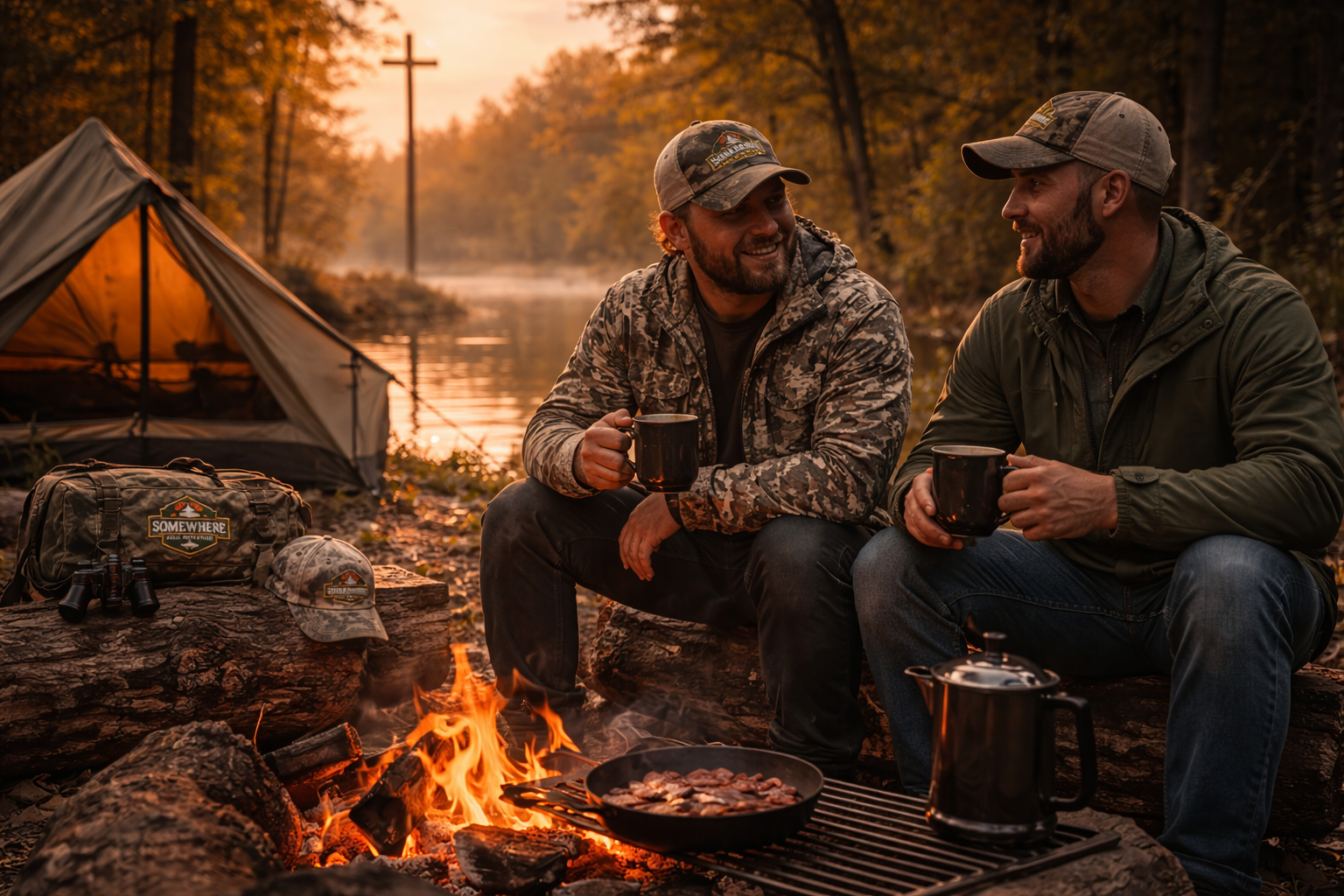 Two men sitting by a campfire near a river, enjoying coffee and breakfast with a tent and camping gear nearby at sunrise or sunset.
