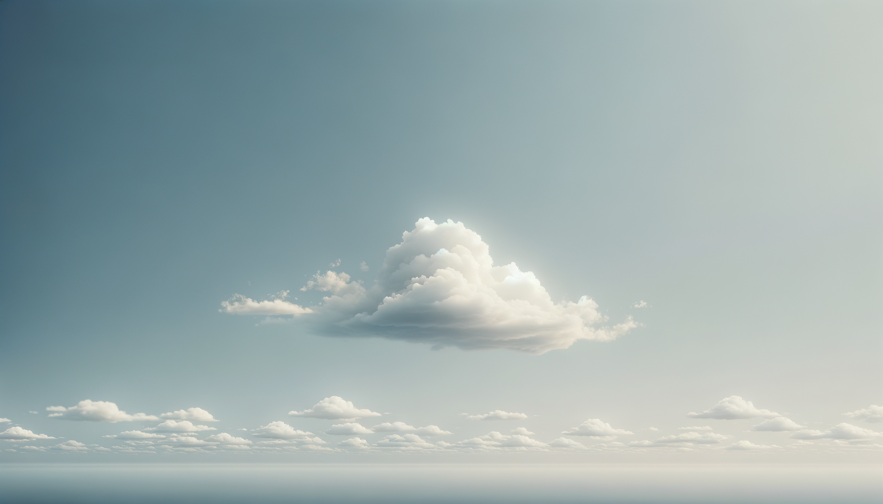 The image shows a sky filled with many small clouds and a large, fluffy cloud in the center, with a subtle gradient of blue and light colors.