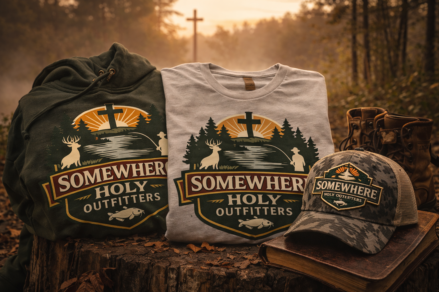 Clothing and accessories with a wilderness and hunting theme on a tree stump in a forest at sunset, featuring hoodies, a t-shirt, a cap, and boots, all branded with "Somewhere Holy Outfitters."