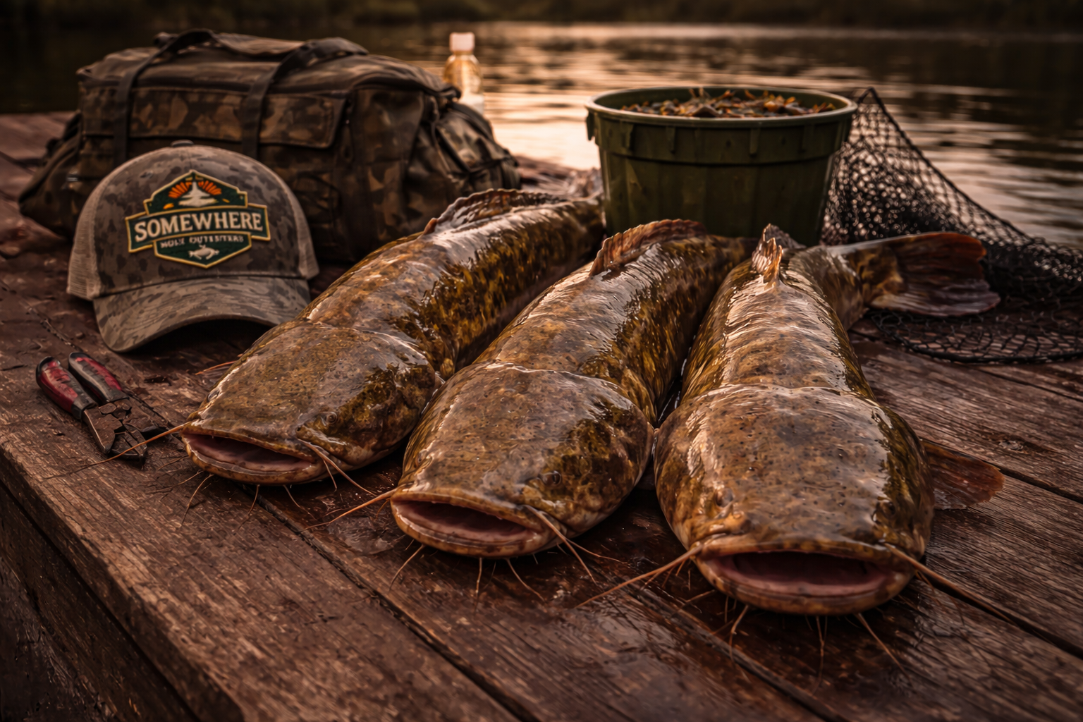 Four freshly caught fish lying on a wooden dock with fishing gear, a backpack, a cap labeled 'Somewhere Wolf Outfitters,' a plastic water bottle, and a bucket, against a water background at sunset.