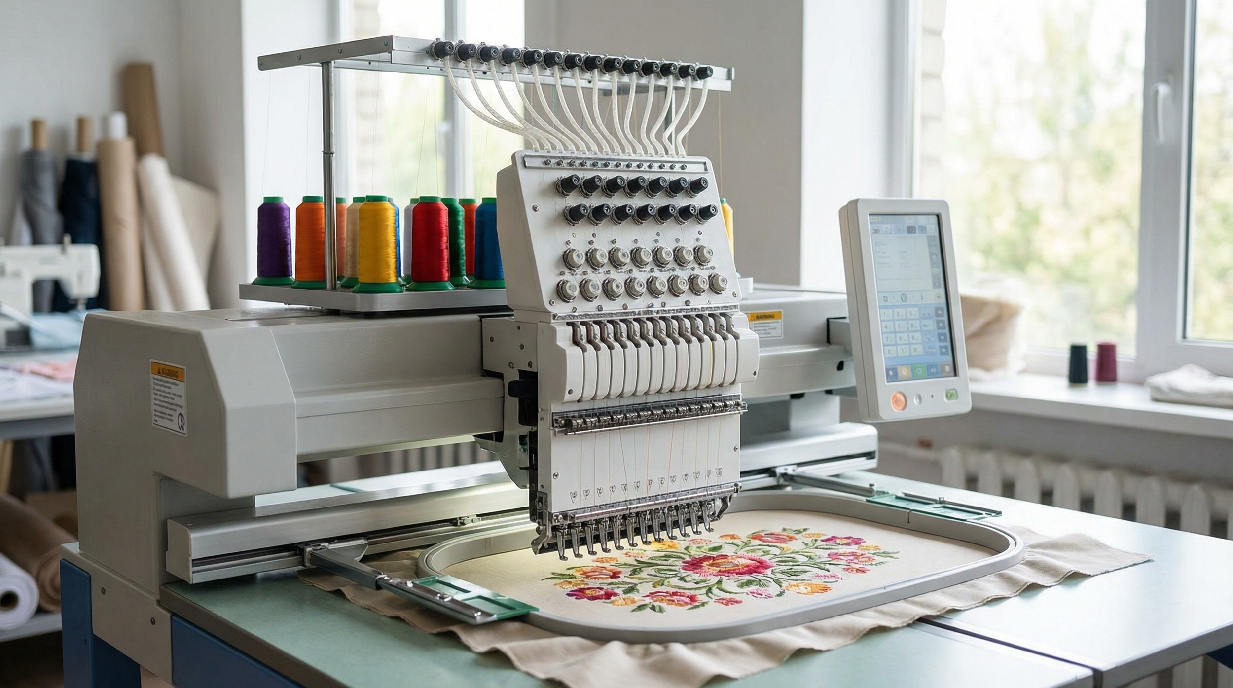 Embroidery machine stitching a floral pattern on fabric in a sewing room with spools of colored thread and a digital control panel.