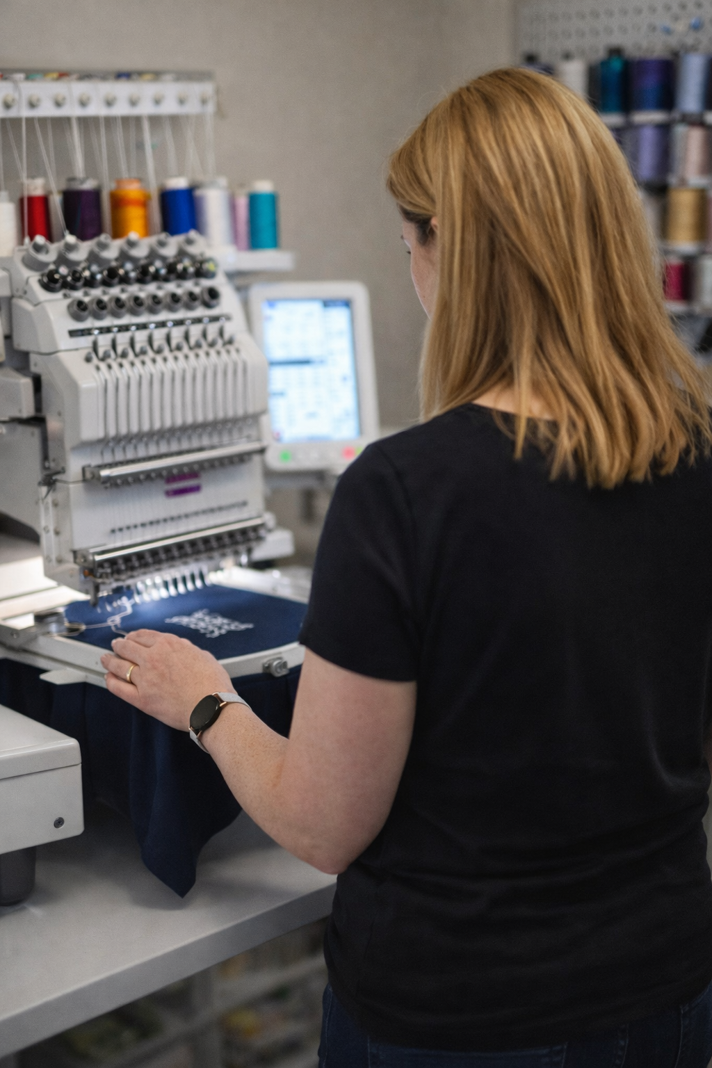A woman with red hair operating an embroidery machine in a sewing room, with spools of thread visible on shelves in the background.