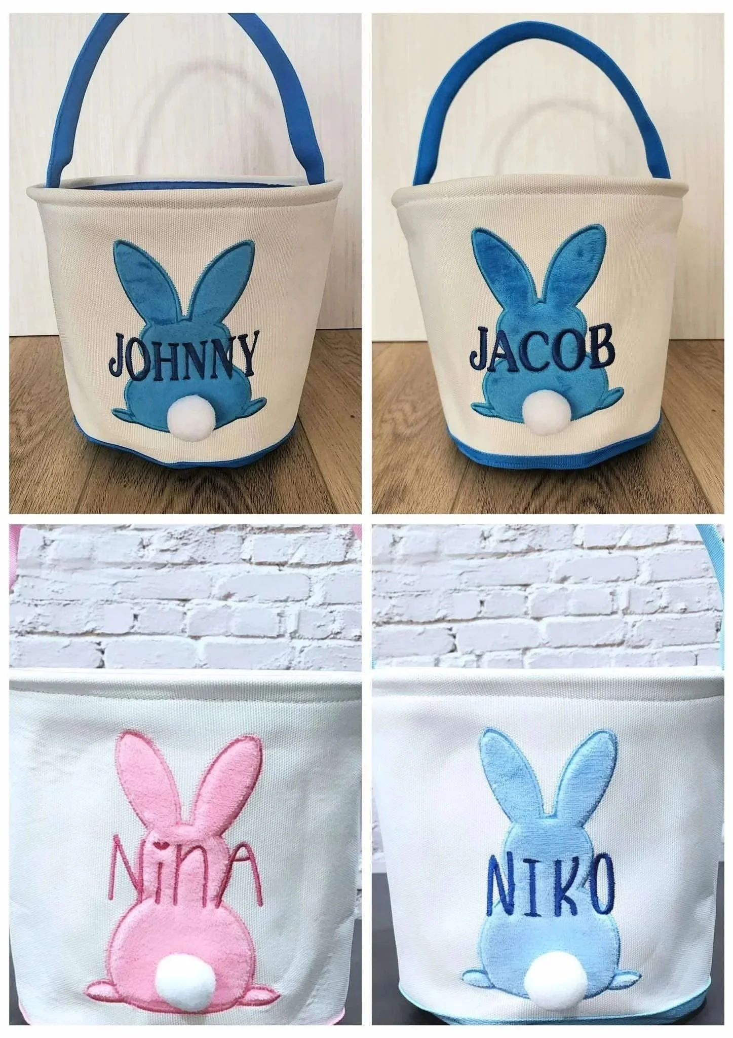 collage picture of four easter backets with a bunny applique and embroidered name across the bunny