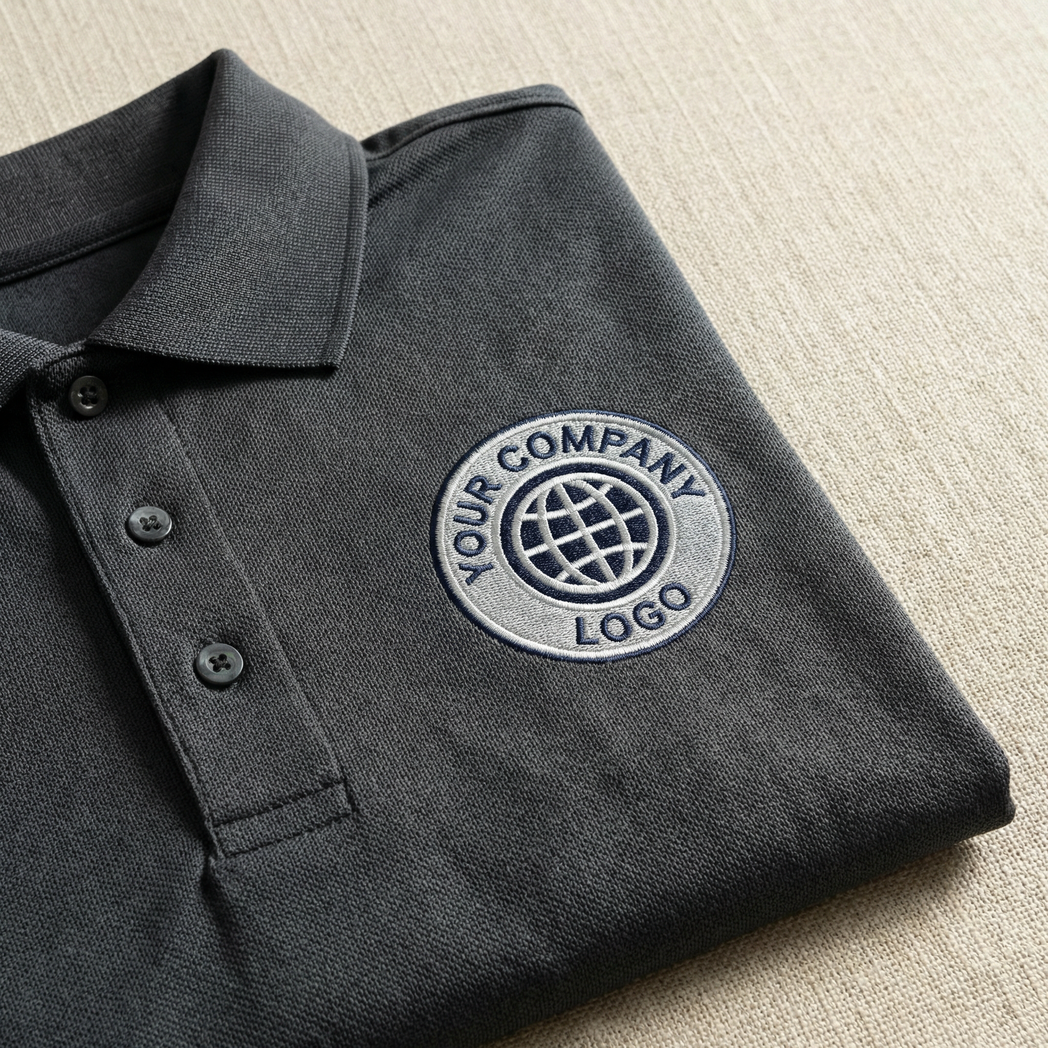 Gray polo shirt with an embroidered circular logo patch on the chest area, featuring a globe and the words 'Your Company Logo'.