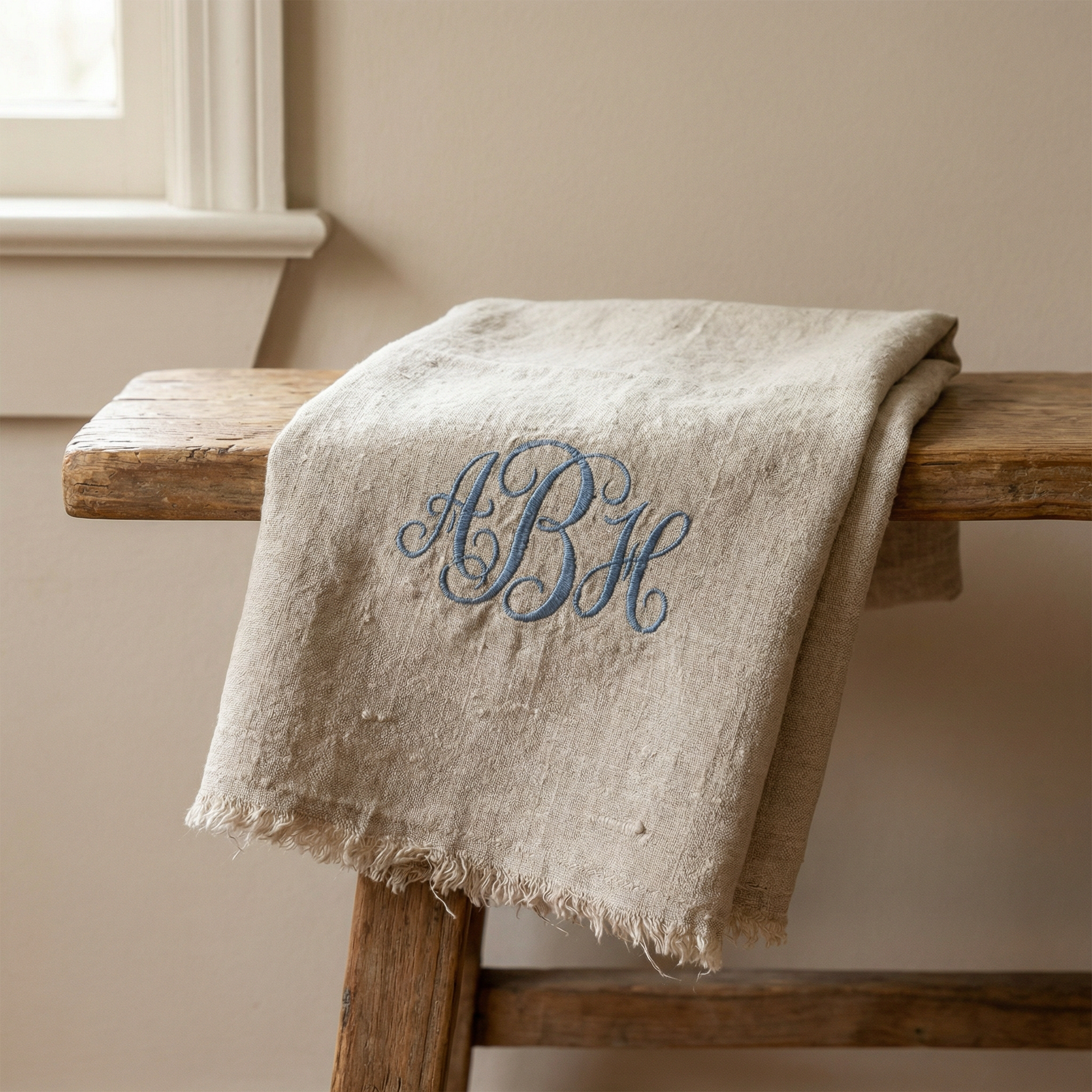 monogrammed linen towel on a wooden bench