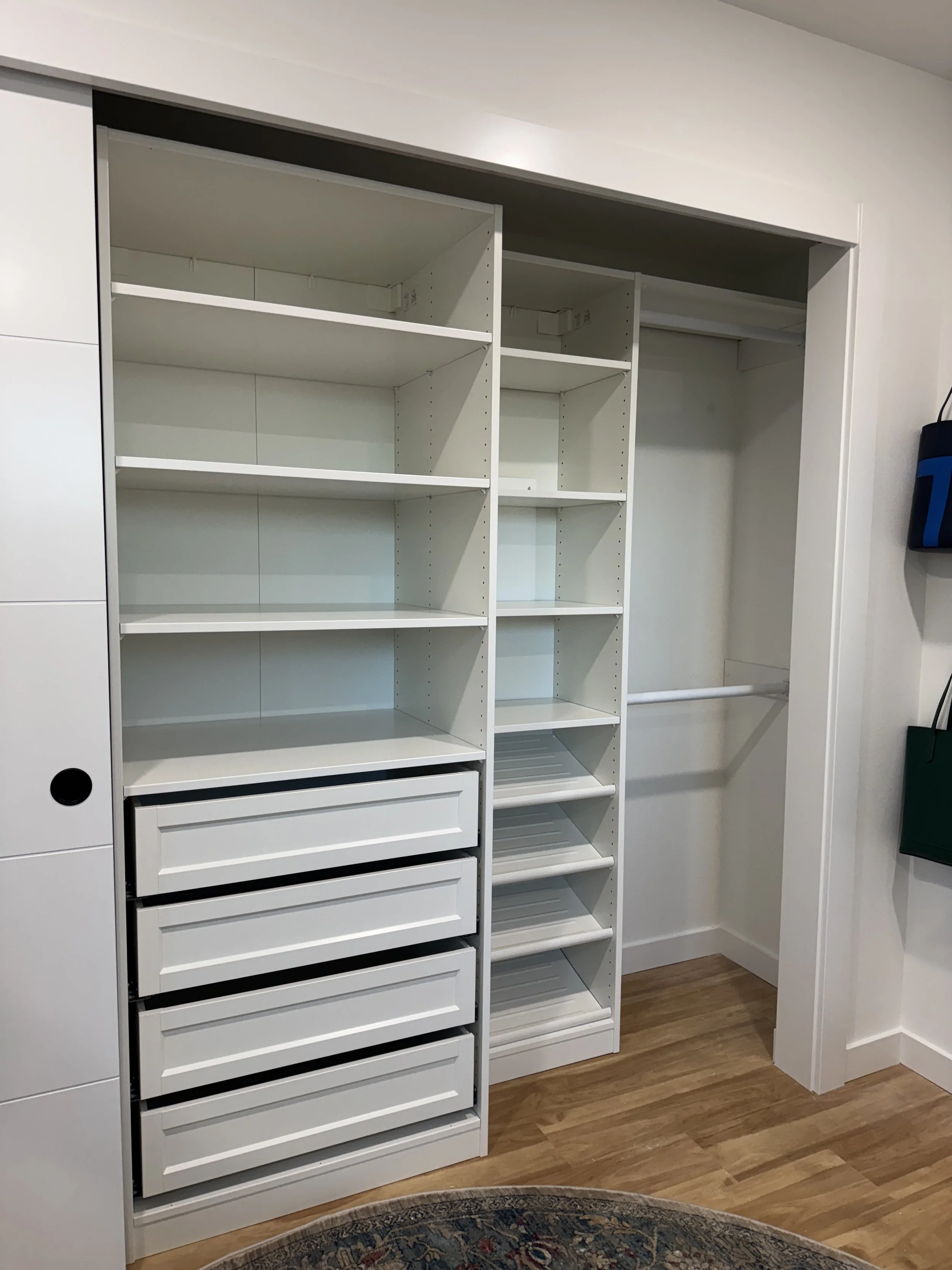Modern Reach-In Closet Makeover with Sliding Doors and Custom Organizers - Sai Remodeling LLC Eastside