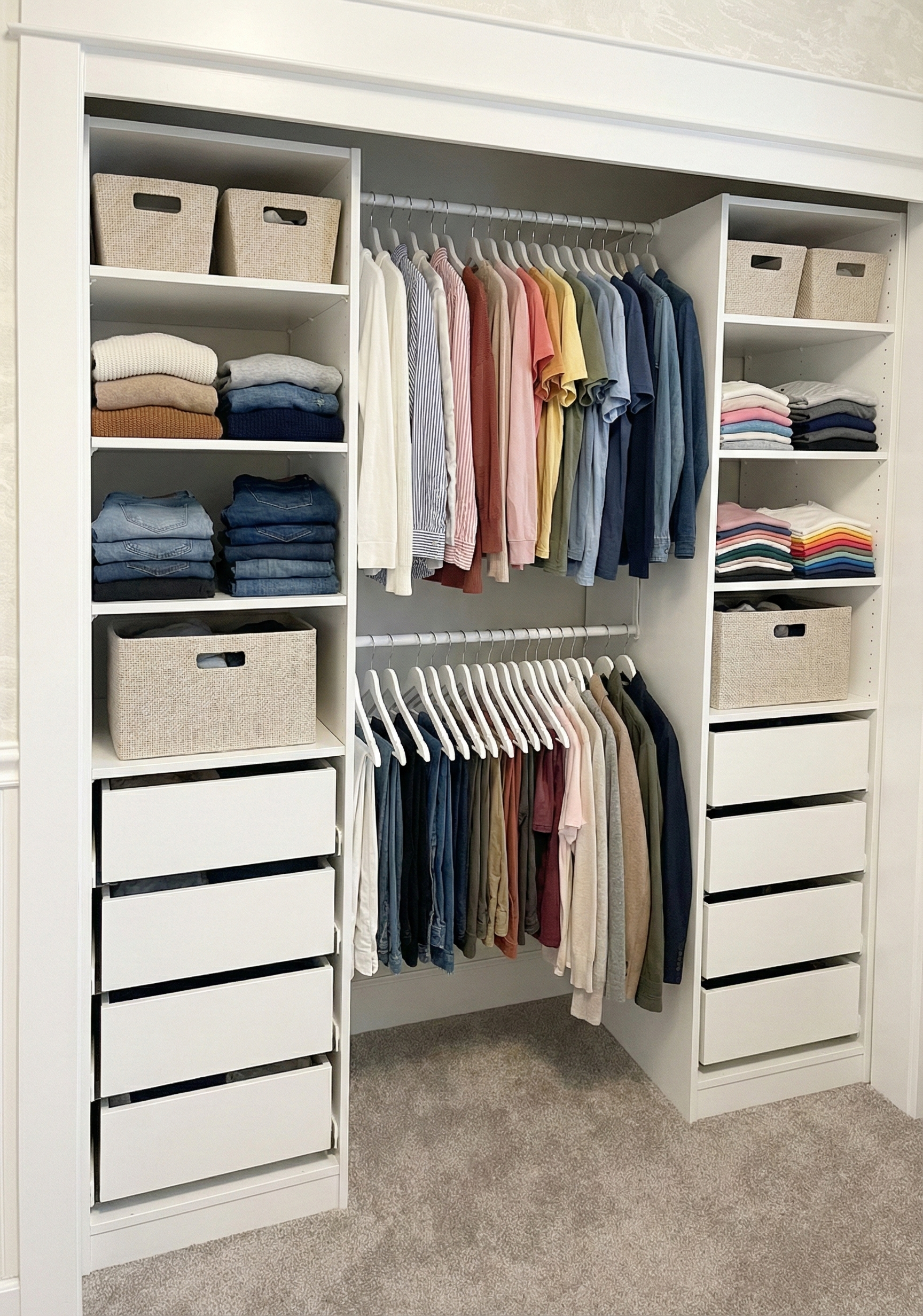 Efficient reach-in closet transformation using custom white organizers and smart shelf spacing.