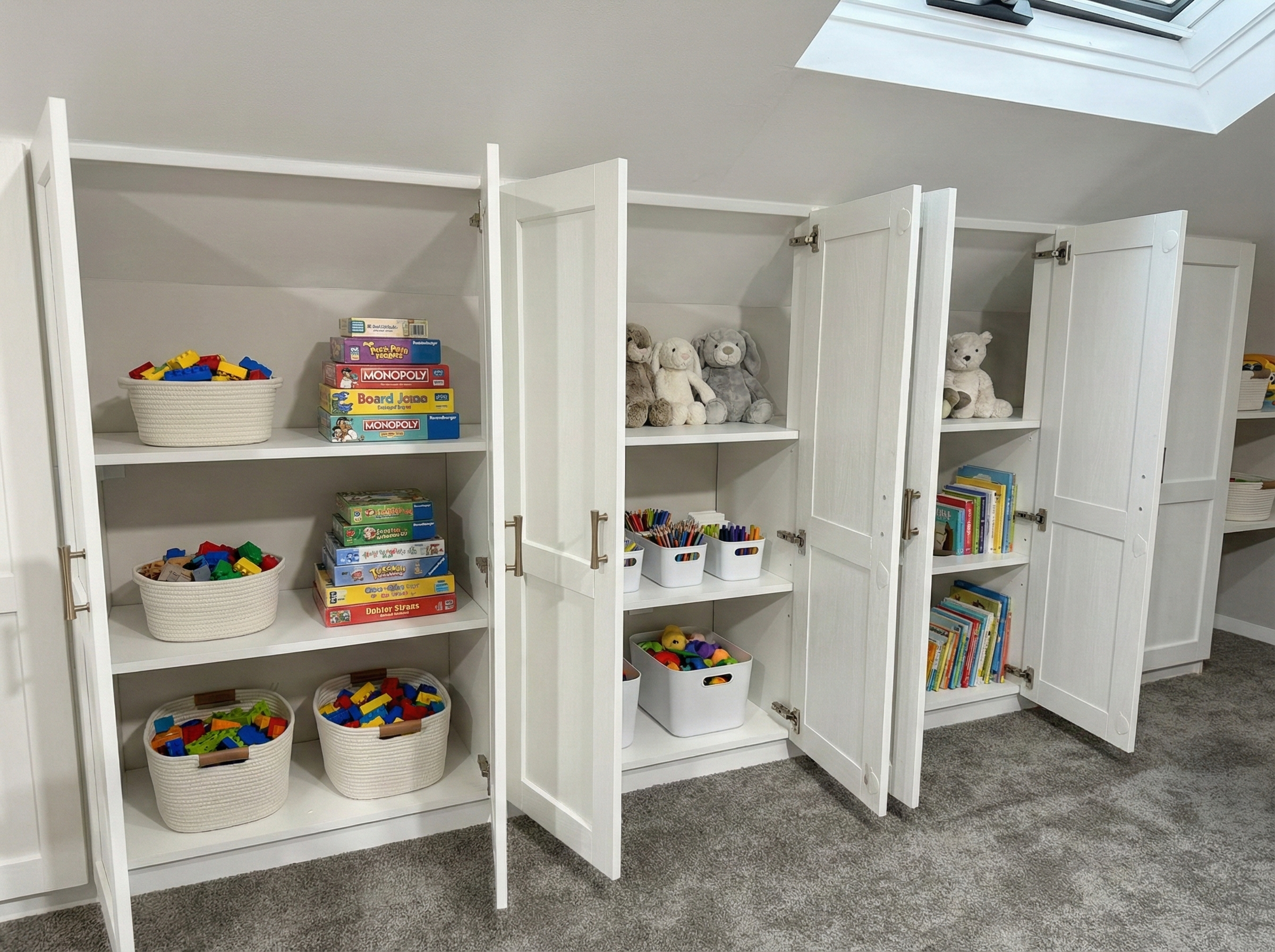 Custom attic toy storage cabinets built into sloped ceiling knee wall in Sammamish playroom by Sai Remodeling LLC