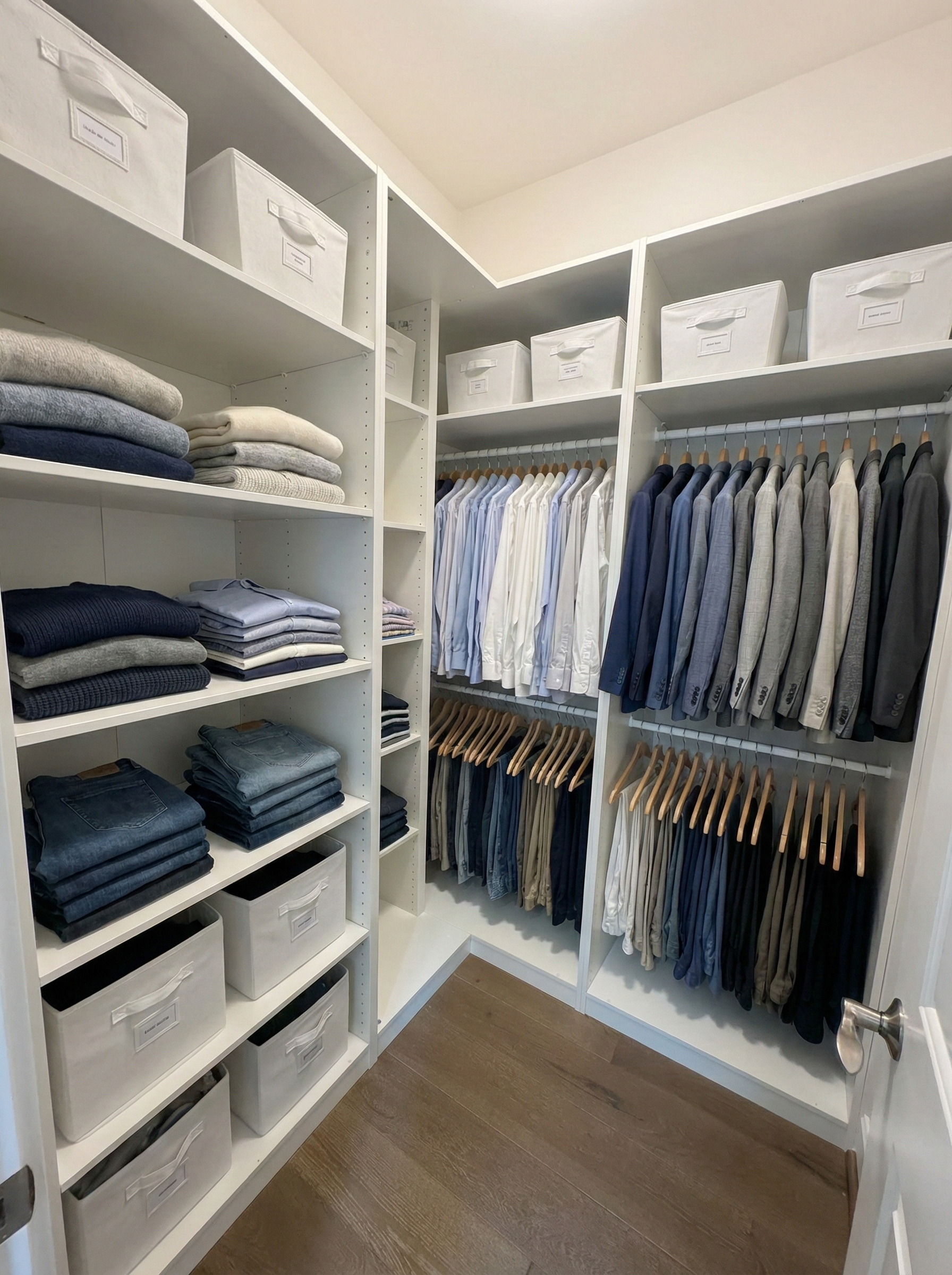 Custom walk-in closet design in Renton featuring white built-in shelving, corner storage unit, and double hanging rods by Sai Remodeling LLC.