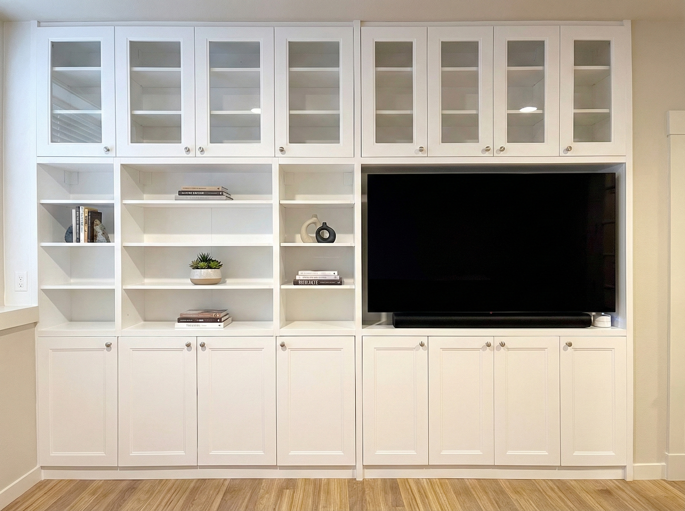 Custom Built-In Entertainment Center and Media Wall with Glass Cabinets - Sai Remodeling LLC Bellevue & Mercer Island