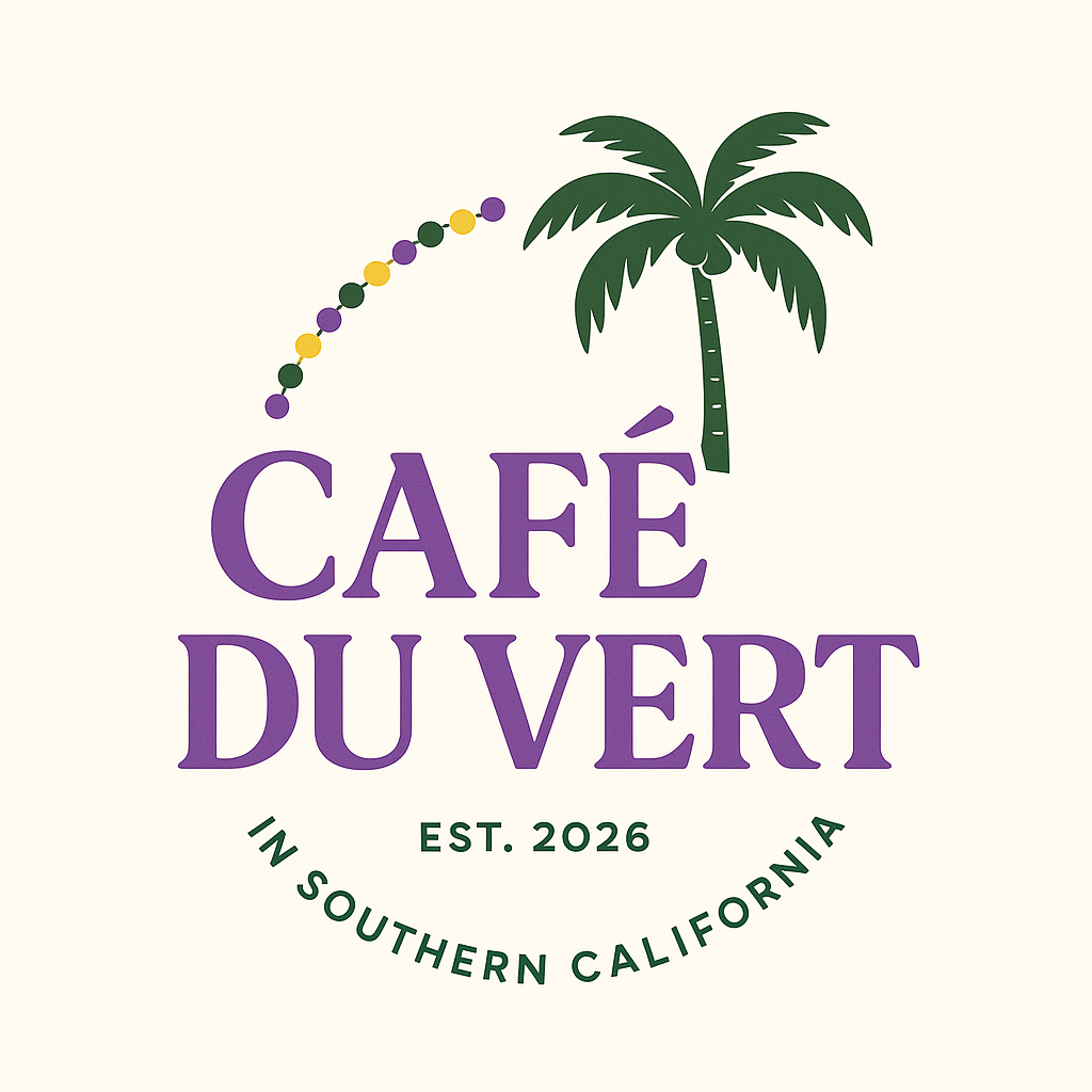 Logo for Café du Vert, featuring a palm tree, dotted line arch, and text indicating establishment in Southern California since 2026.