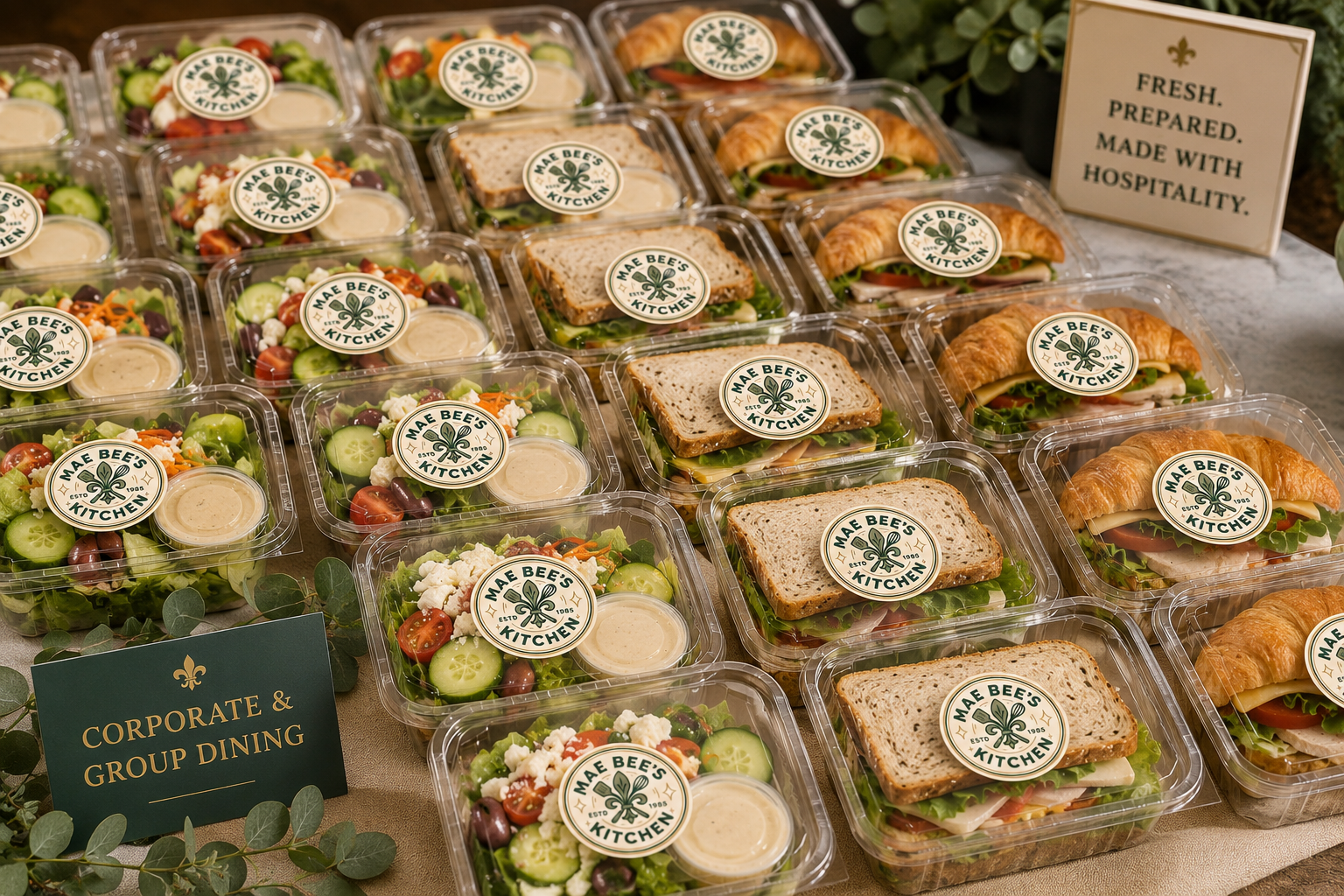 Pre-packaged salads, sandwiches, and croissants from Mae Bee's Kitchen arranged on a table with a sign that reads "Fresh. Prepared. Made with Hospitality." for corporate and group dining.