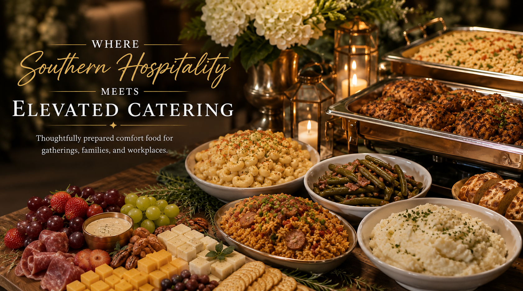 Mae Bee’s Kitchen catering spread with Southern comfort food and side dishes.