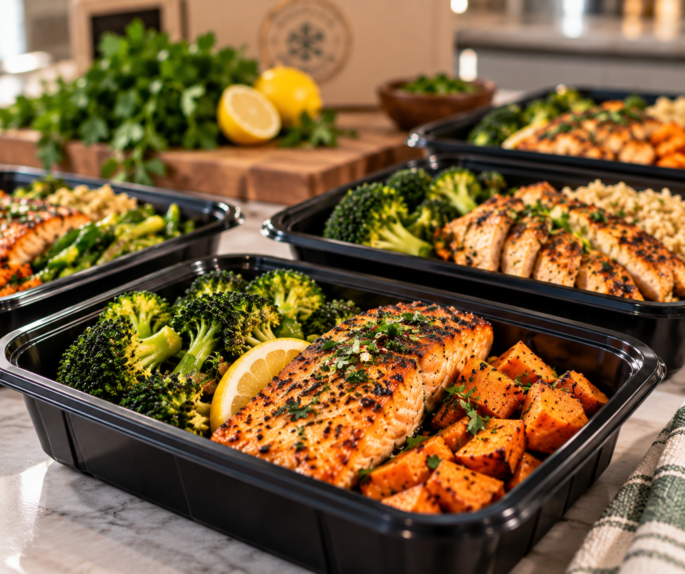 Prepared baked salmon with grilled herbs, broccoli, and roasted sweet potatoes in black containers on a marble surface.