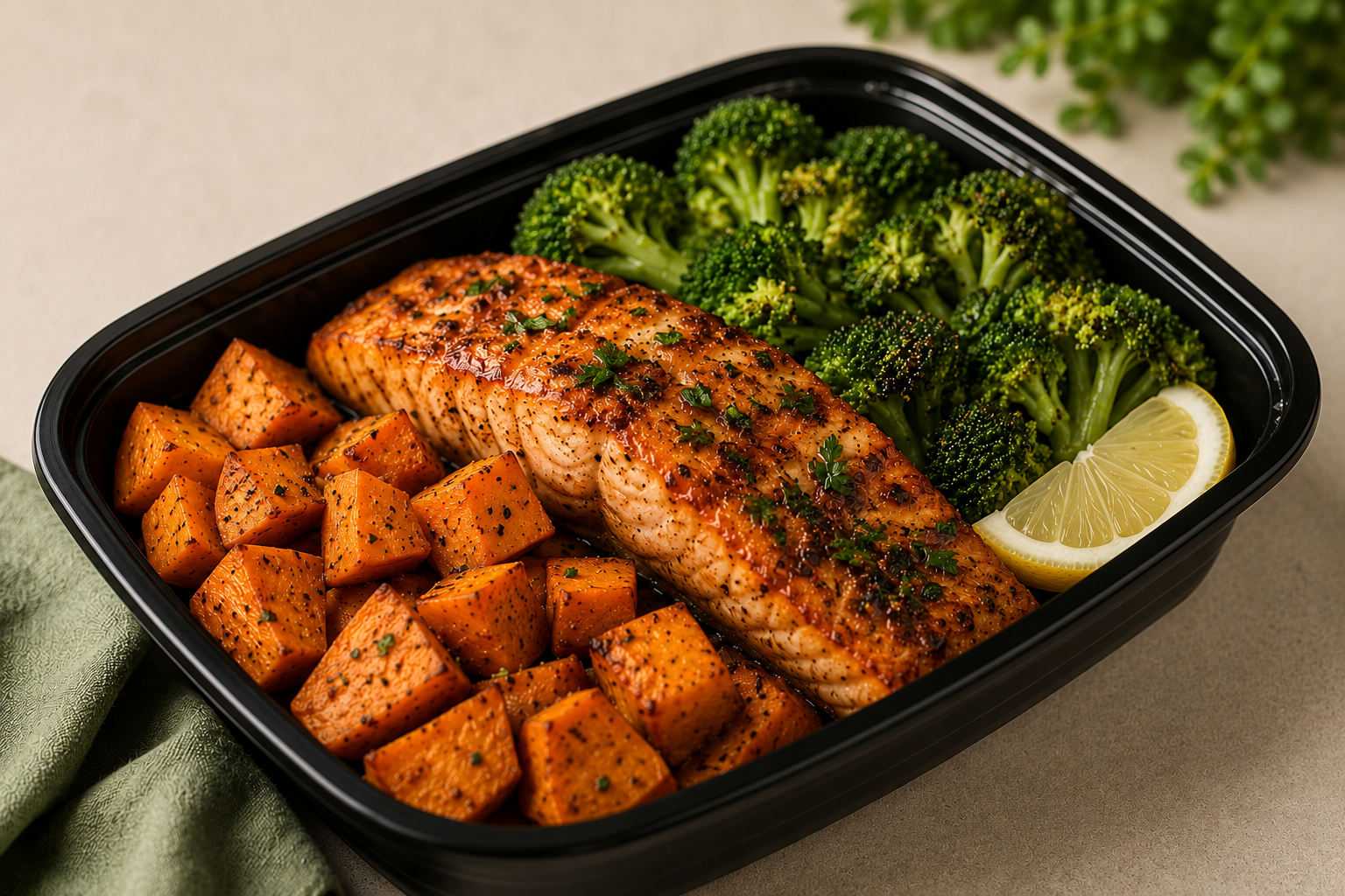 Baked salmon with seasoned sweet potatoes and broccoli, garnished with parsley and a lemon wedge in a black meal prep container.