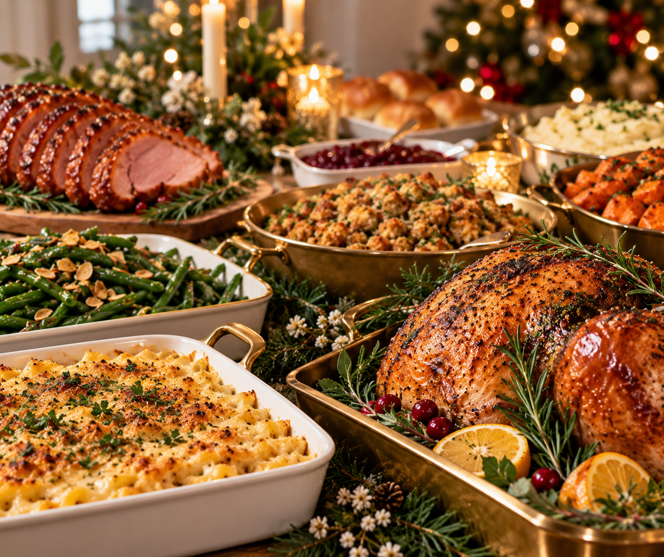 Mae Bee’s Kitchen holiday catering spread with turkey and traditional side dishes