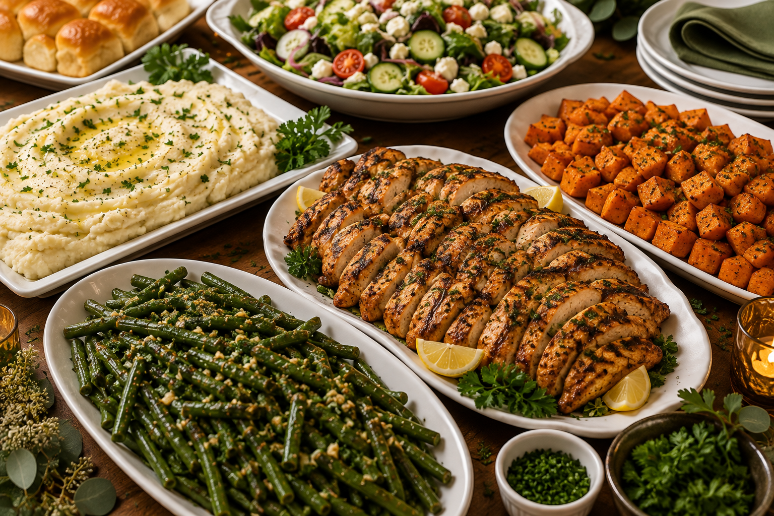 A spread of various dishes including mashed potatoes, grilled chicken breast slices, green beans topped with garlic, a mixed salad with cherry tomatoes, cucumbers and feta cheese, roasted sweet potatoes, and bread rolls, all arranged on white plates and a wooden table.