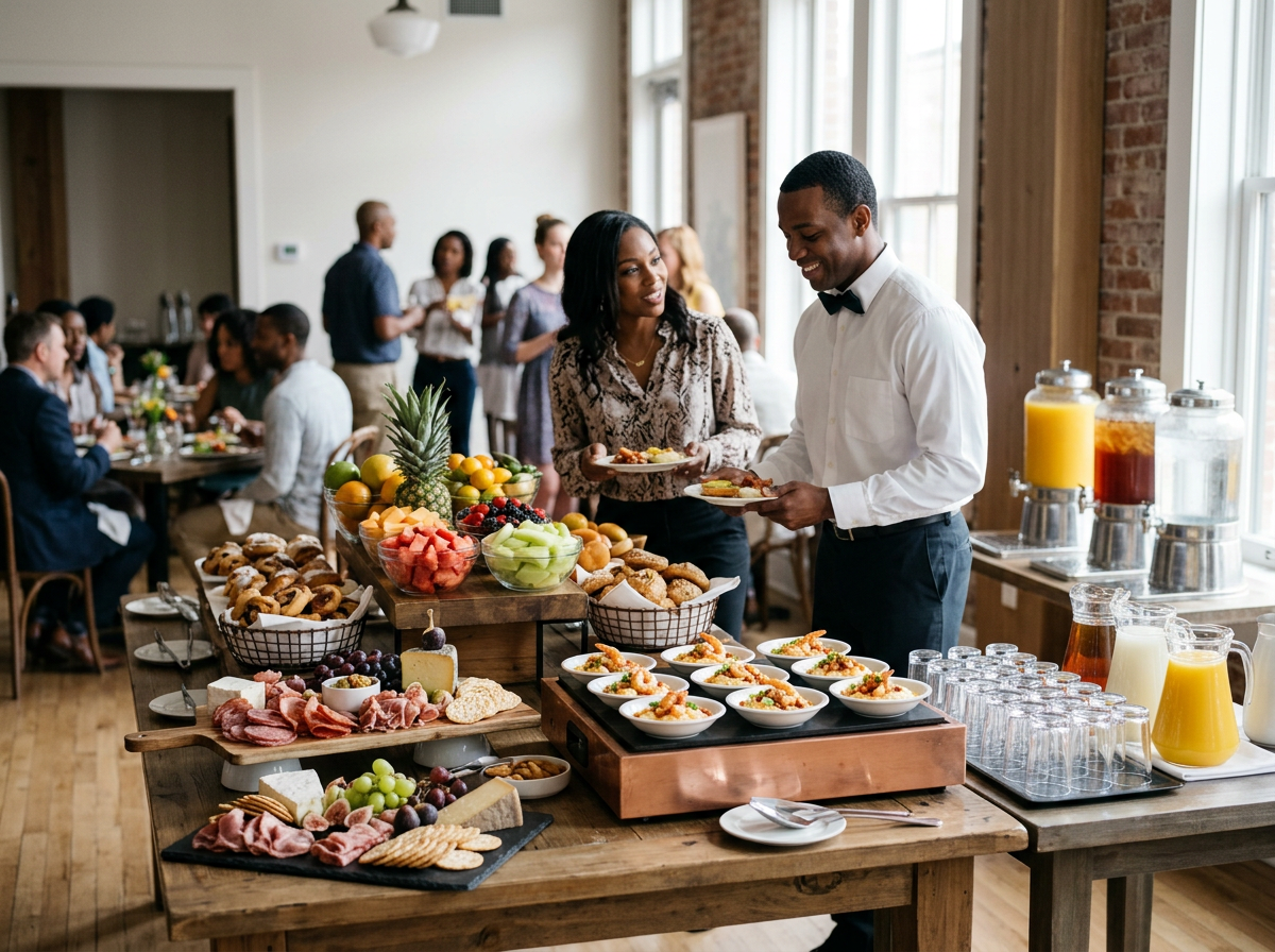 Brunch catering buffet with fruit, pastries, and beverages.
