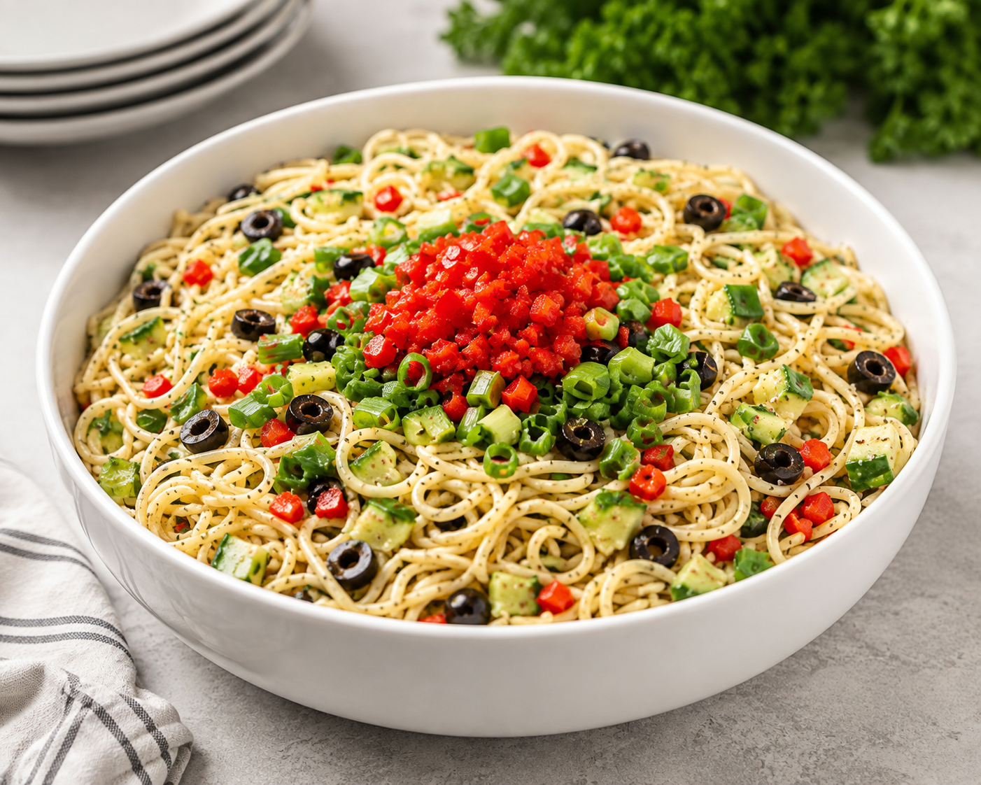 Mae Bee’s Kitchen Greek pasta salad with vegetables and black olives.