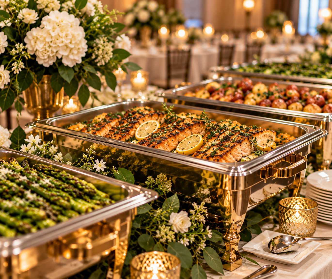 Buffet table with grilled salmon, roasted potatoes, and asparagus, decorated with flowers, candles, and gold accents at a formal event.