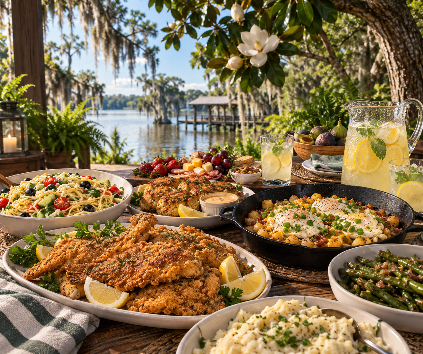 Southern-style outdoor meal with fried chicken, pasta salad, vegetables, and fruit.