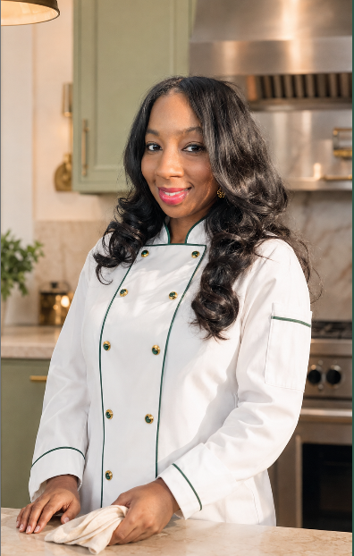 Chef Andrea, founder of Mae Bee’s Kitchen, in a professional kitchen.