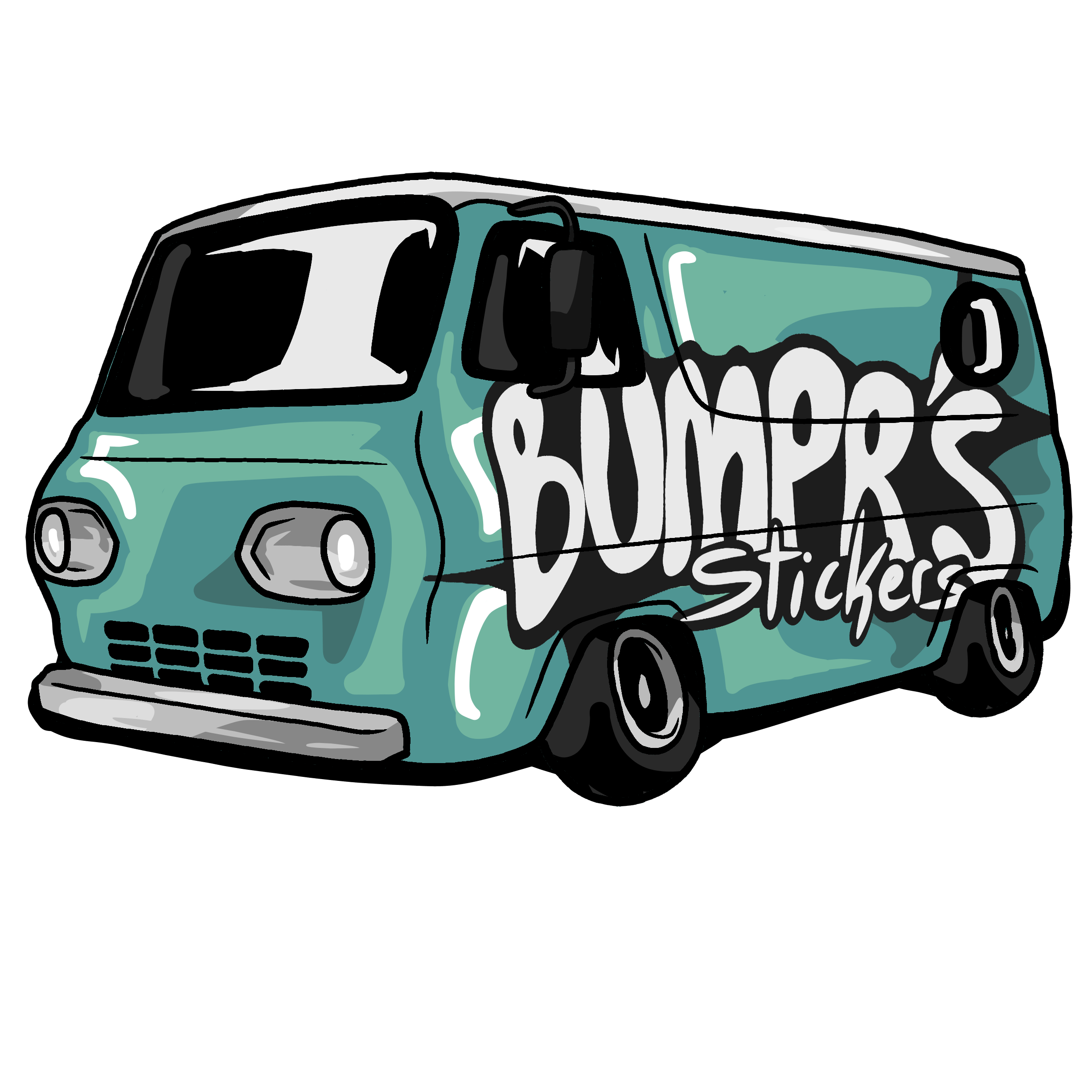 Illustration of a teal delivery van with the words 'BUMPER'S Stickers' written across the side in large white letters.