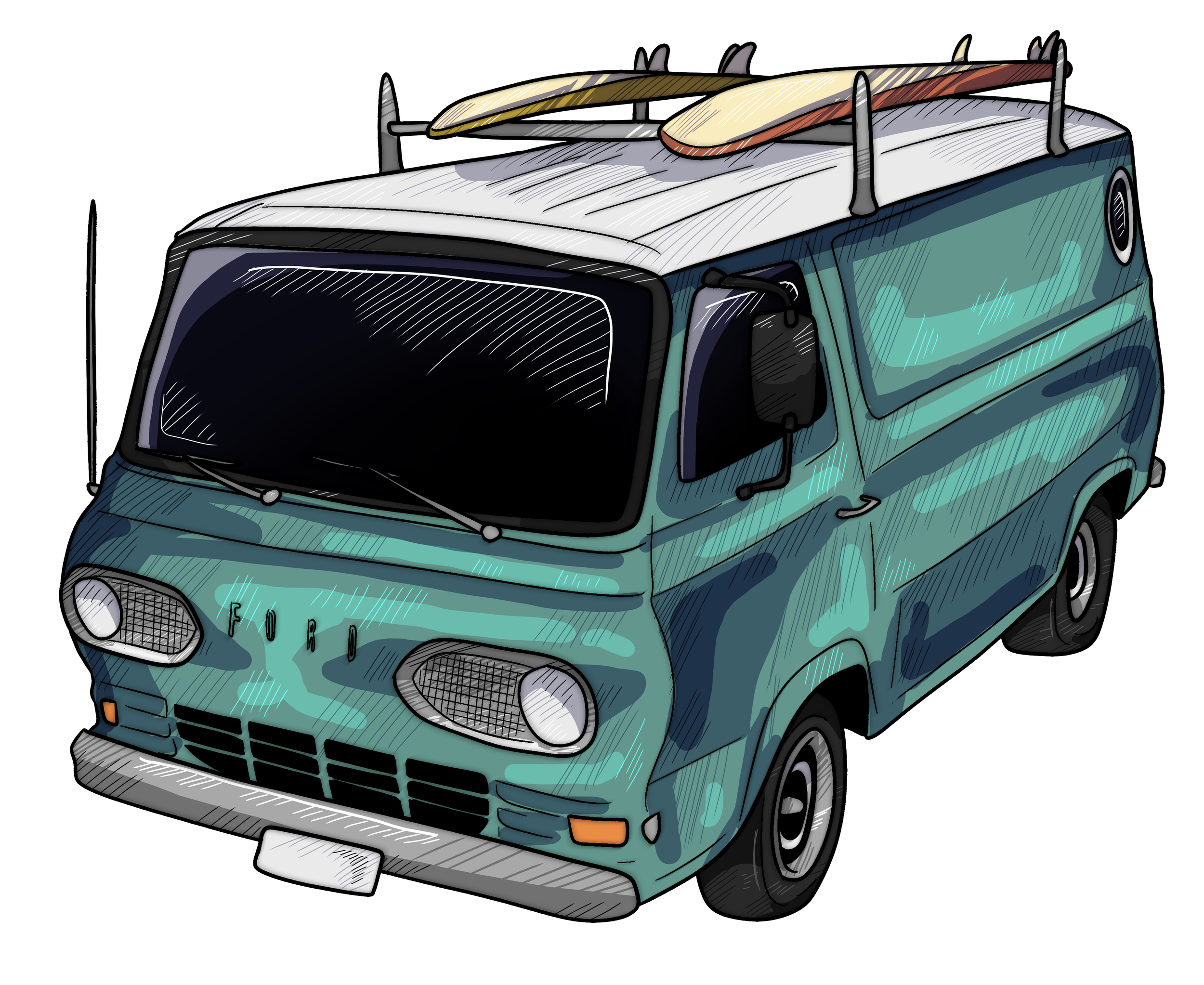 A vintage teal and white van with surfboards on the roof rack, front view, cartoon style.