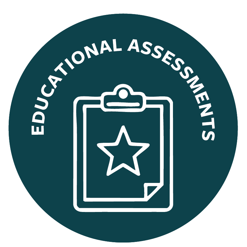 A circular badge with the words "Educational Assessments" printed around the top edge. Inside, there is an outline of a clipboard with a star on a paper attached to it.