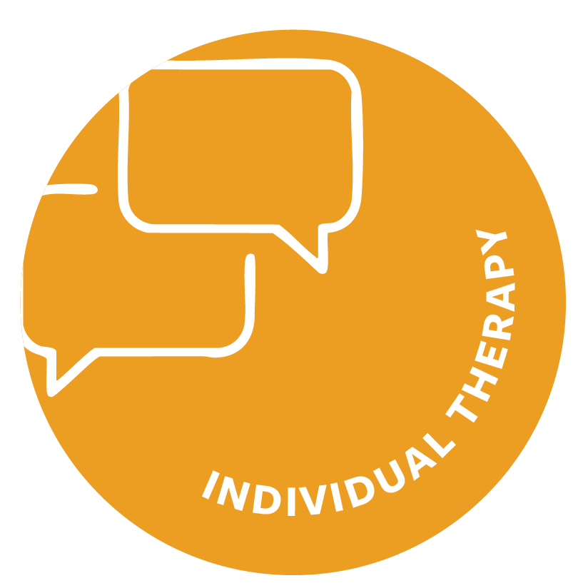 Orange circular icon featuring two overlapping chat bubbles outlined in white and the words "INDIVIDUAL THERAPY" written in white curved along the bottom.