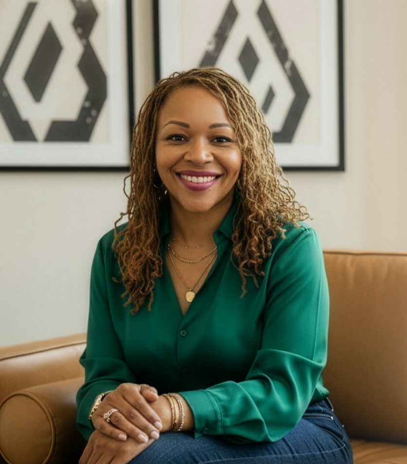 A smiling woman with curly hair, wearing a green blouse, sitting on a tan sofa with abstract black and white artwork in the background.